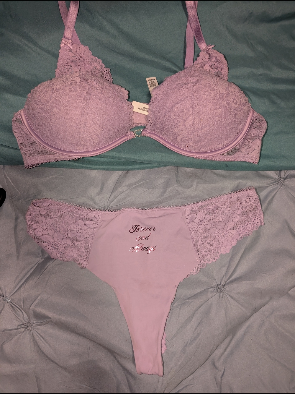 PINK Victoria's Secret Lavender Lace Push-Up Bra & Thong Set 38b & LG NWOT